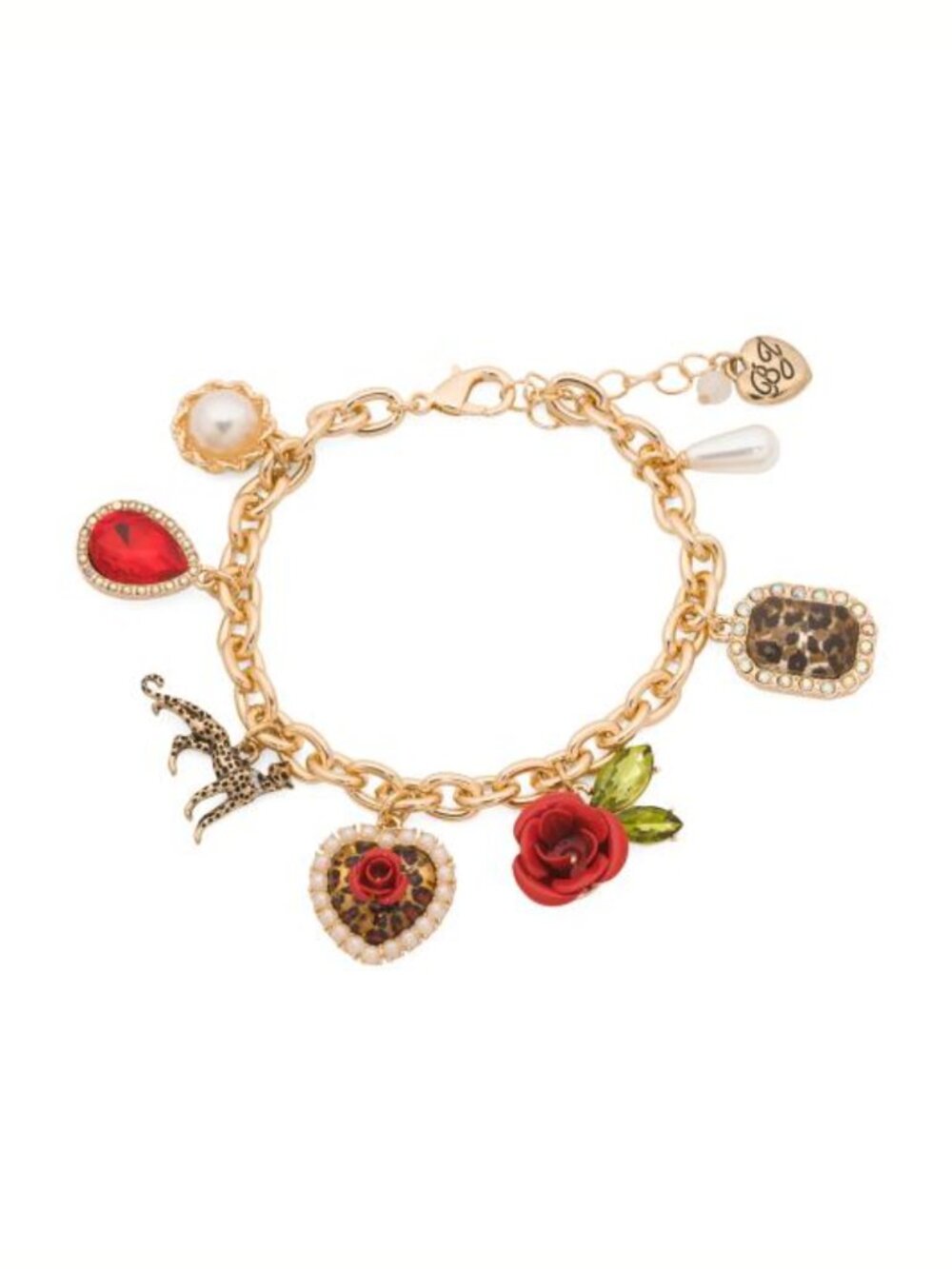 Betsey Johnson Leopard Charm Bracelet Gold Tone Red Rose Heart Pearl Cheetah
